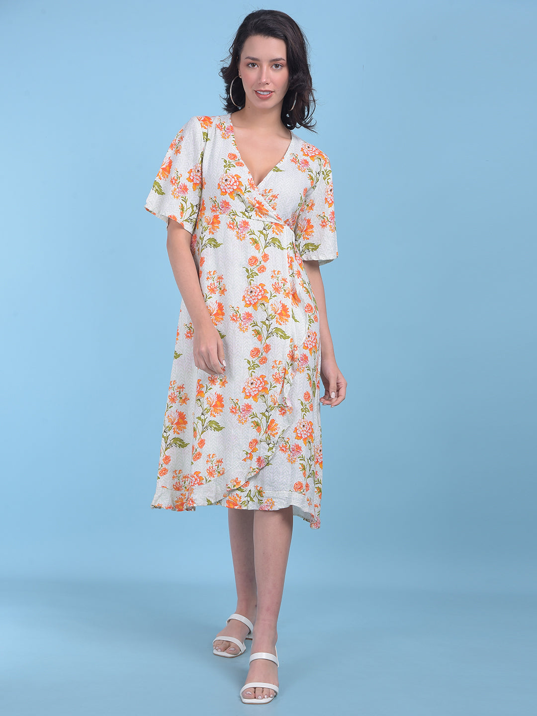 Orange Floral Print A-Line Dress-Women Dresses-Crimsoune Club