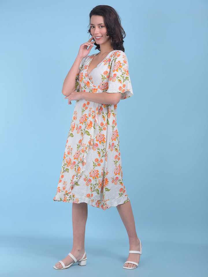 Orange Floral Print A-Line Dress-Women Dresses-Crimsoune Club