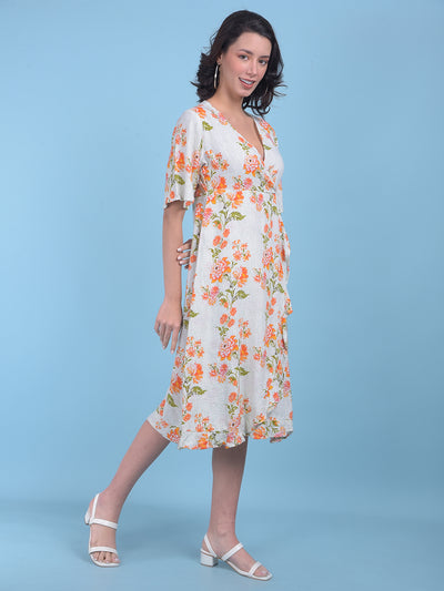 Orange Floral Print A-Line Dress-Women Dresses-Crimsoune Club