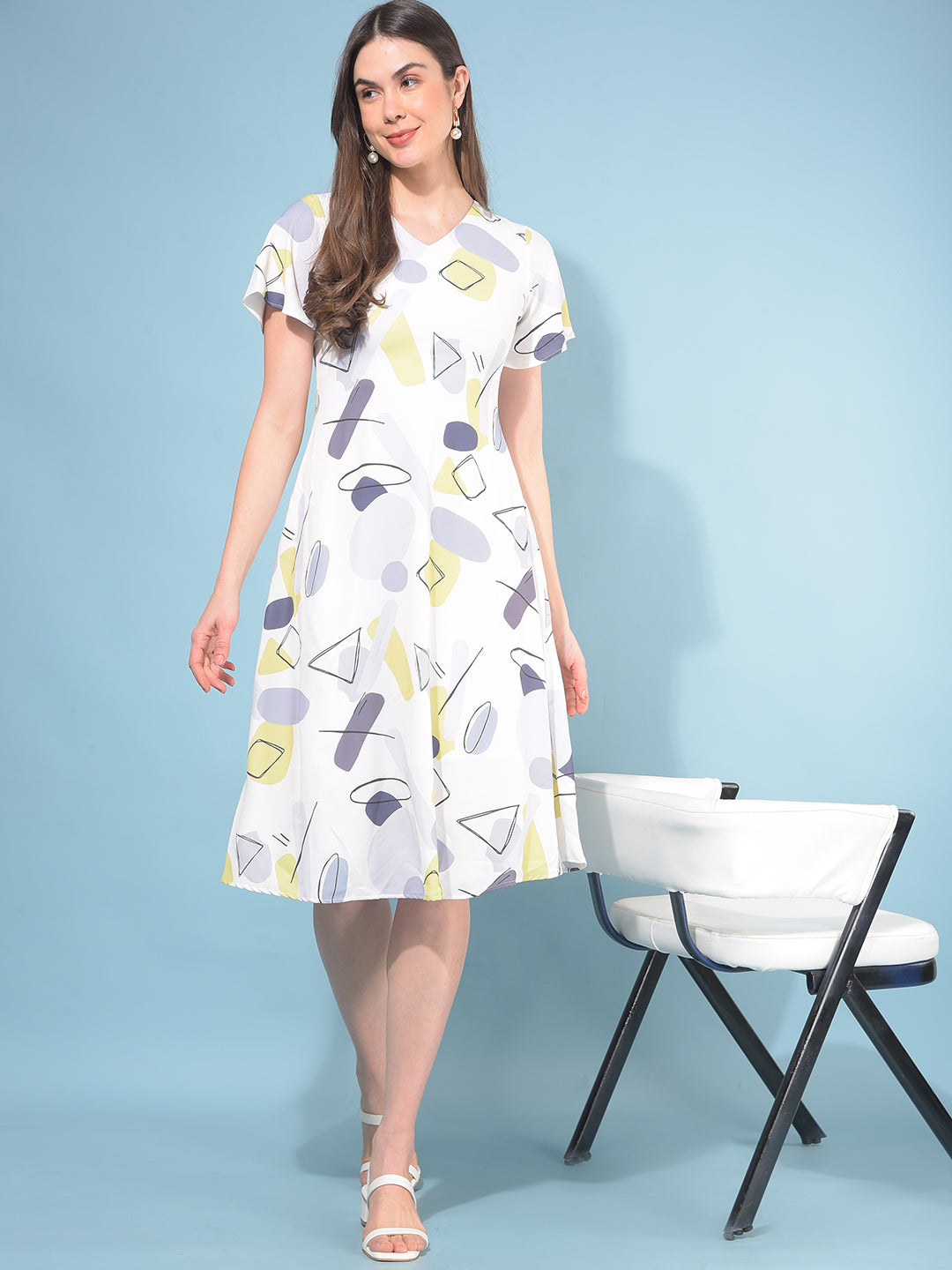 Grey Printed A-Line Dress-Women Dresses-Crimsoune Club