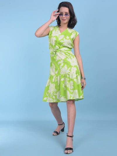 Green Floral Print A-Line Dress-Women Dresses-Crimsoune Club