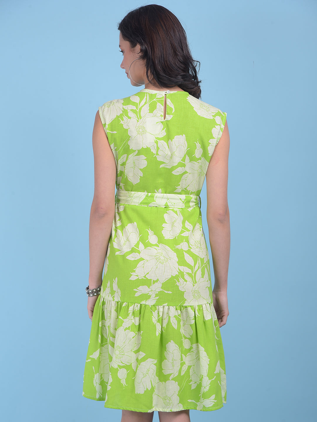 Green Floral Print A-Line Dress-Women Dresses-Crimsoune Club