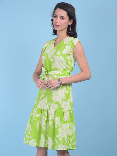 Green Floral Print A-Line Dress-Women Dresses-Crimsoune Club