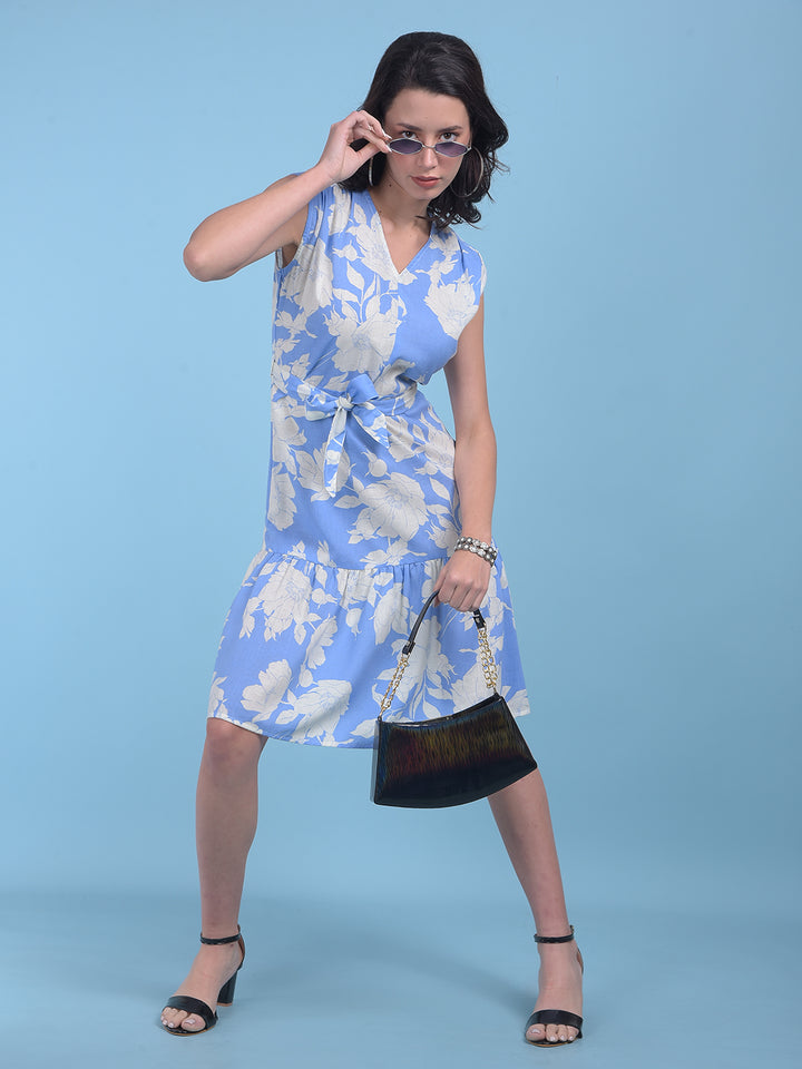 Blue Floral Print A-Line Dress-Women Dresses-Crimsoune Club