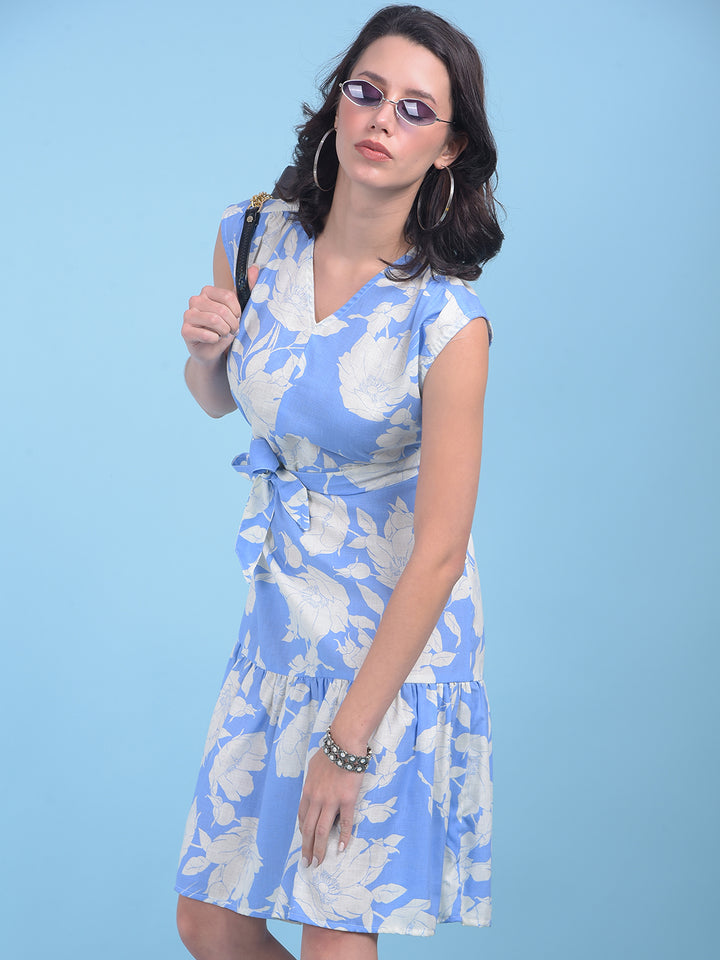 Blue Floral Print A-Line Dress-Women Dresses-Crimsoune Club