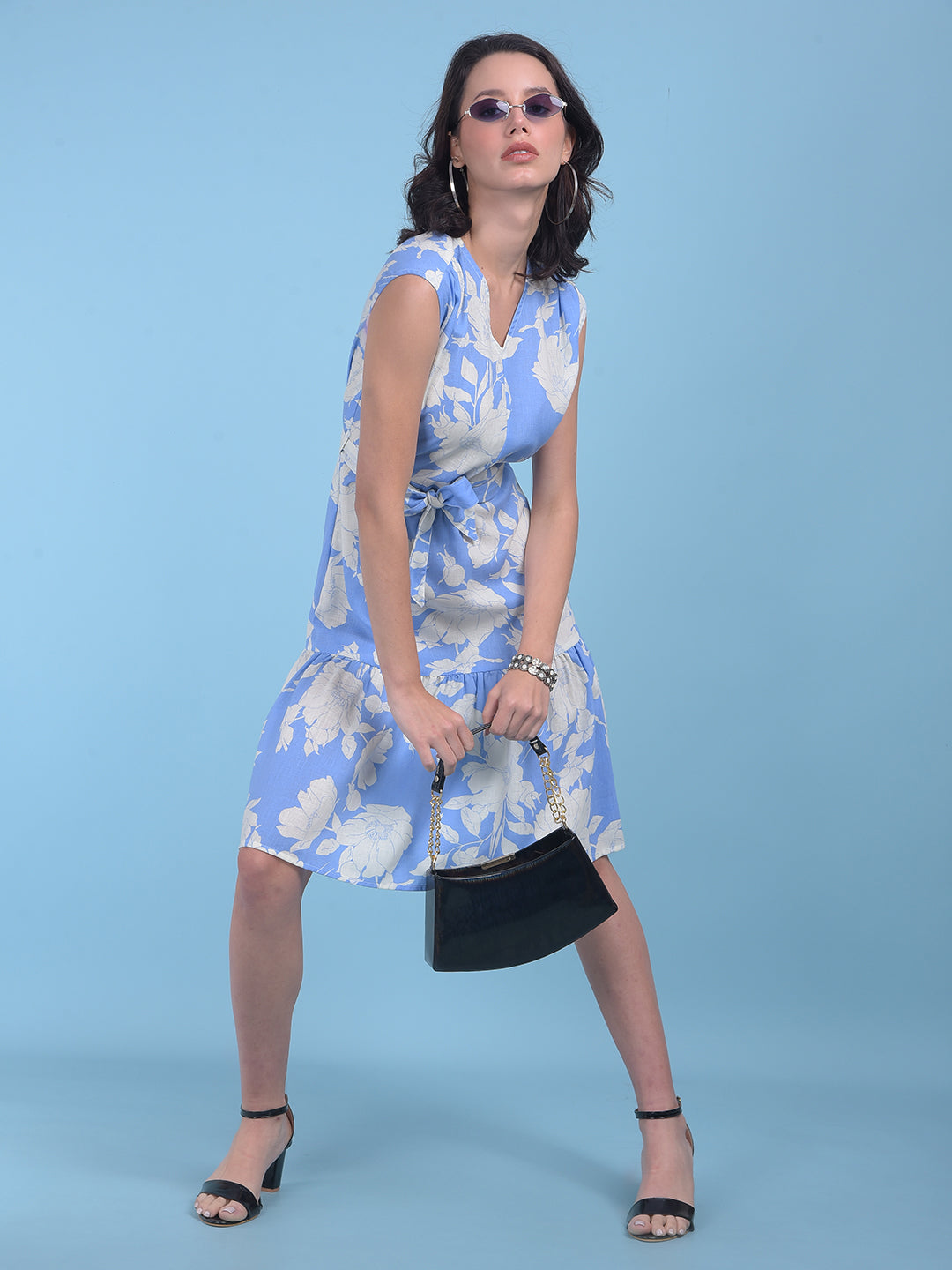 Blue Floral Print A-Line Dress-Women Dresses-Crimsoune Club