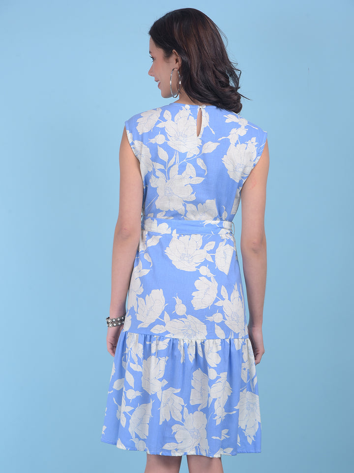 Blue Floral Print A-Line Dress-Women Dresses-Crimsoune Club