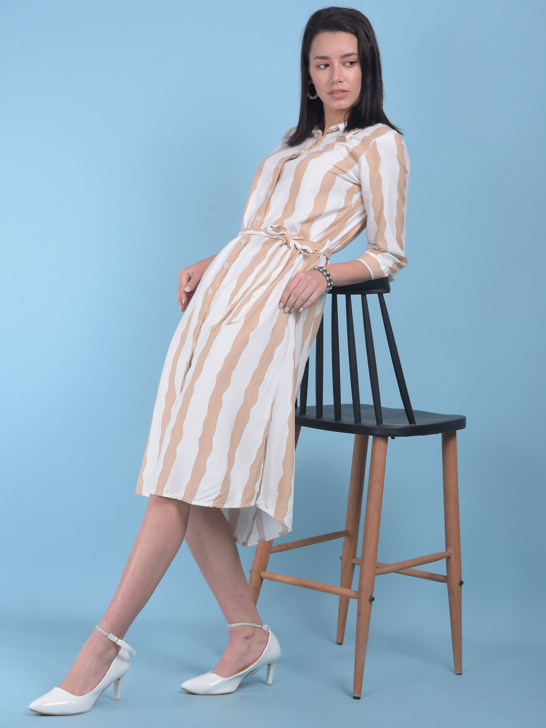 Beige Vertical Striped Shirt Dress-Women Dresses-Crimsoune Club