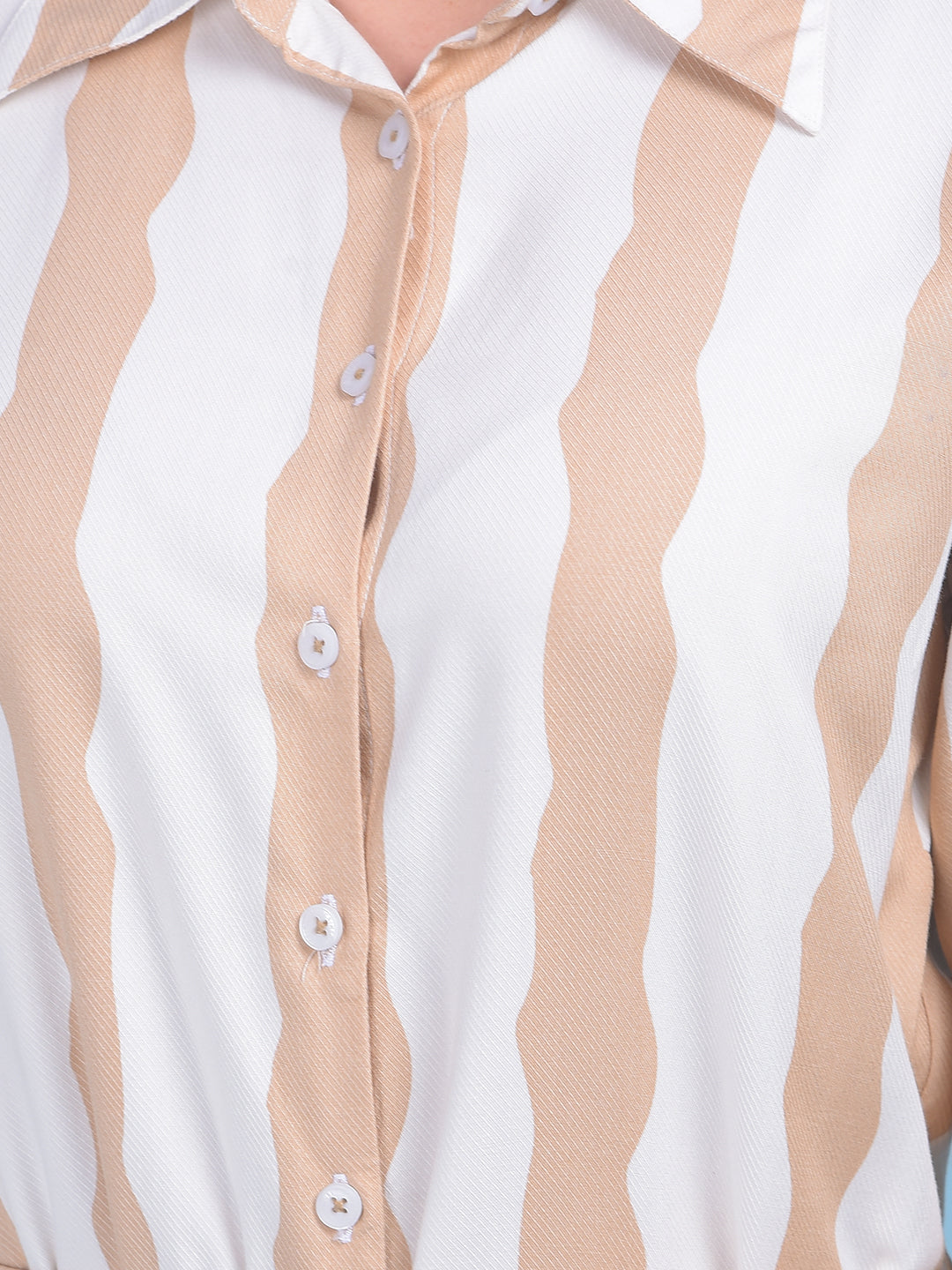Beige Vertical Striped Shirt Dress-Women Dresses-Crimsoune Club
