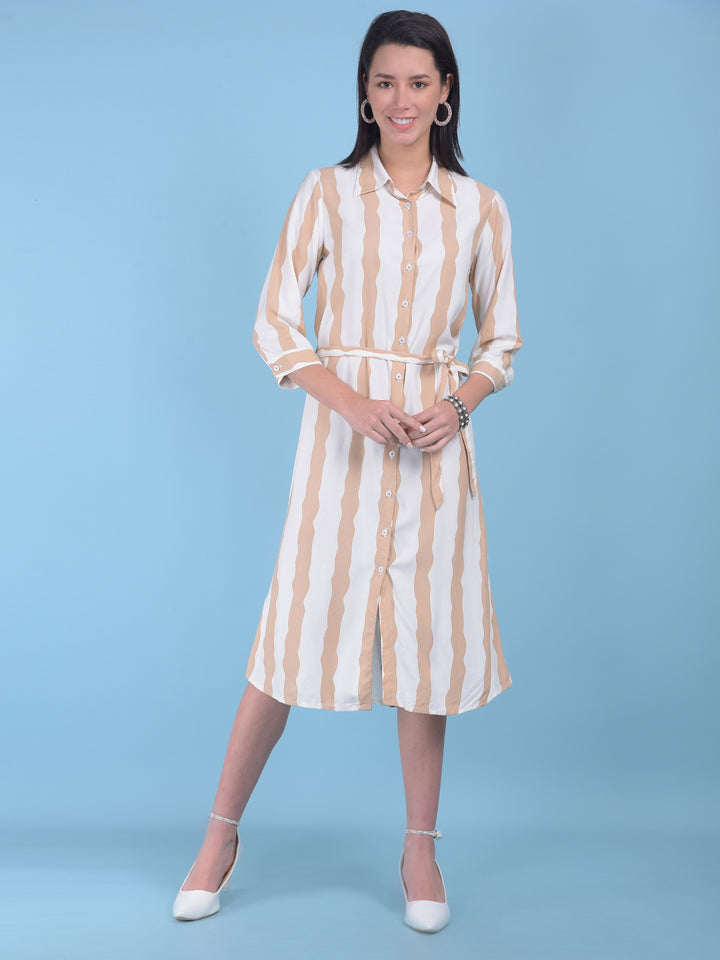 Beige Vertical Striped Shirt Dress-Women Dresses-Crimsoune Club