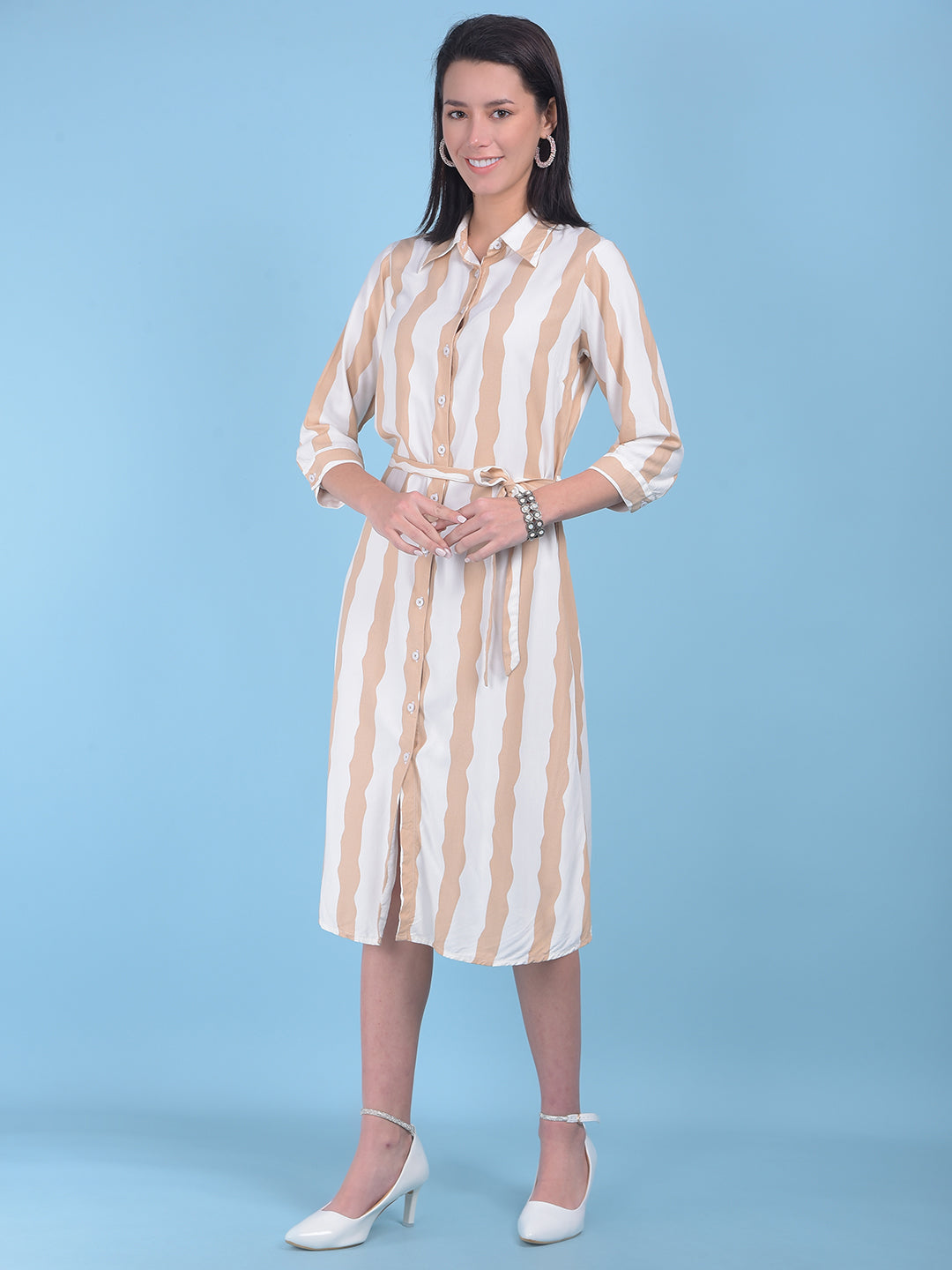 Beige Vertical Striped Shirt Dress-Women Dresses-Crimsoune Club