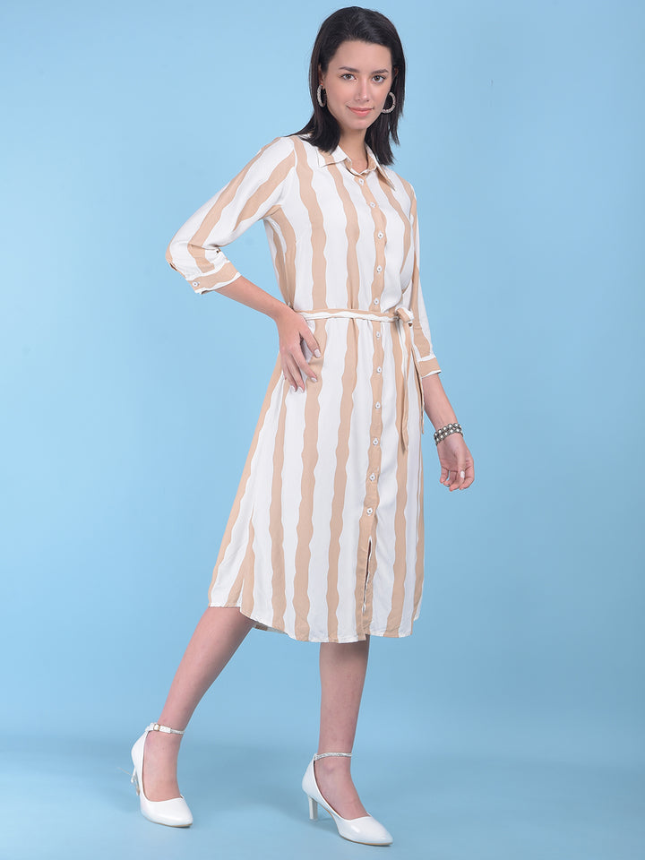 Beige Vertical Striped Shirt Dress-Women Dresses-Crimsoune Club