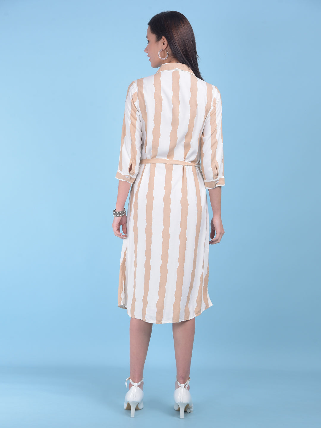 Beige Vertical Striped Shirt Dress-Women Dresses-Crimsoune Club