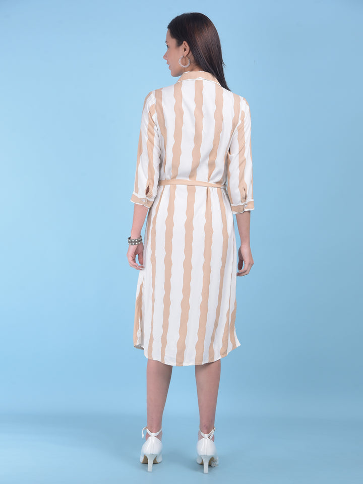 Beige Vertical Striped Shirt Dress-Women Dresses-Crimsoune Club