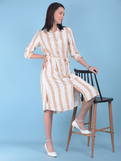 Beige Vertical Striped Shirt Dress-Women Dresses-Crimsoune Club