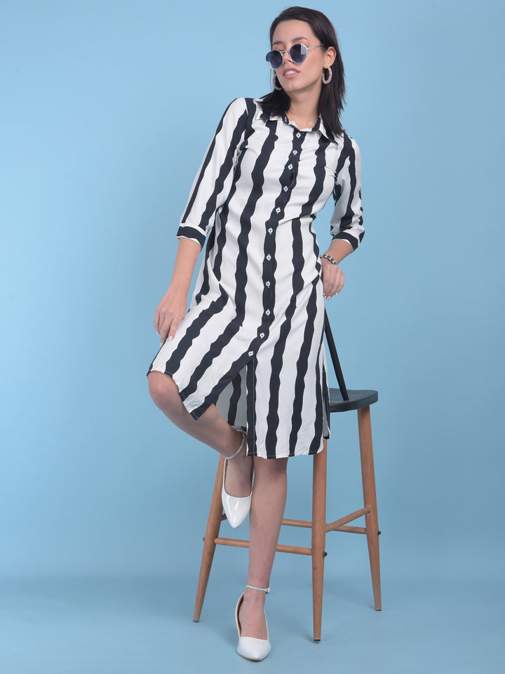 Black Vertical Striped Shirt Dress-Women Dresses-Crimsoune Club