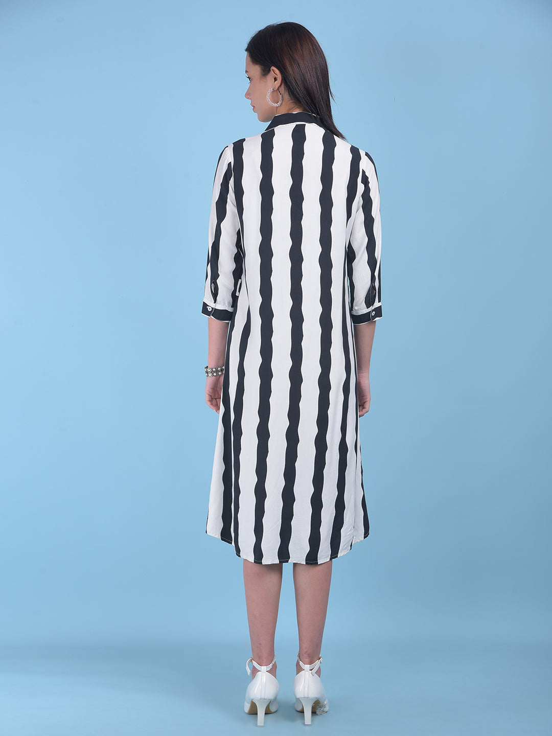 Black Vertical Striped Shirt Dress-Women Dresses-Crimsoune Club
