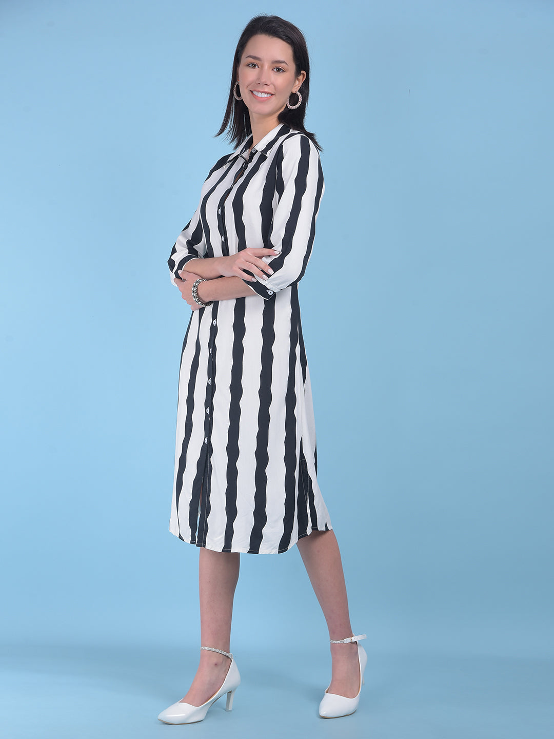 Black Vertical Striped Shirt Dress-Women Dresses-Crimsoune Club