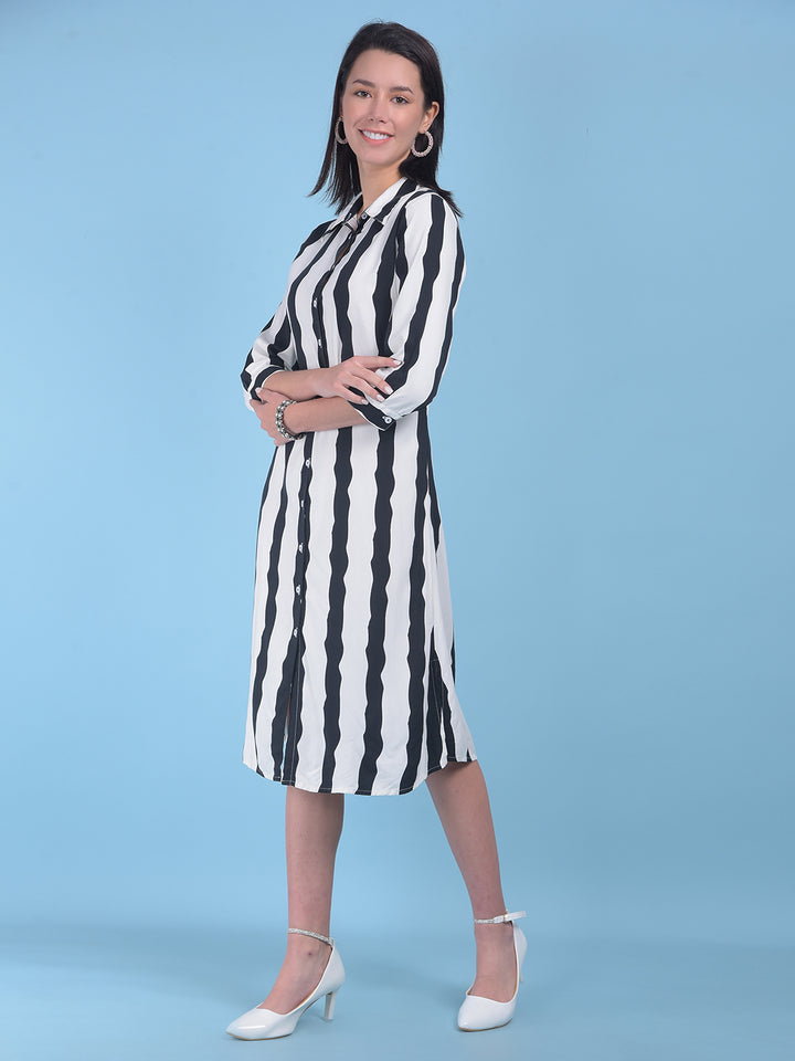 Black Vertical Striped Shirt Dress-Women Dresses-Crimsoune Club