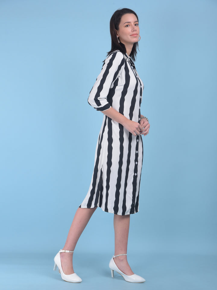 Black Vertical Striped Shirt Dress-Women Dresses-Crimsoune Club
