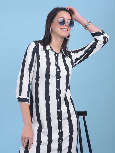 Black Vertical Striped Shirt Dress-Women Dresses-Crimsoune Club