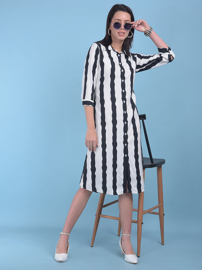 Black Vertical Striped Shirt Dress-Women Dresses-Crimsoune Club