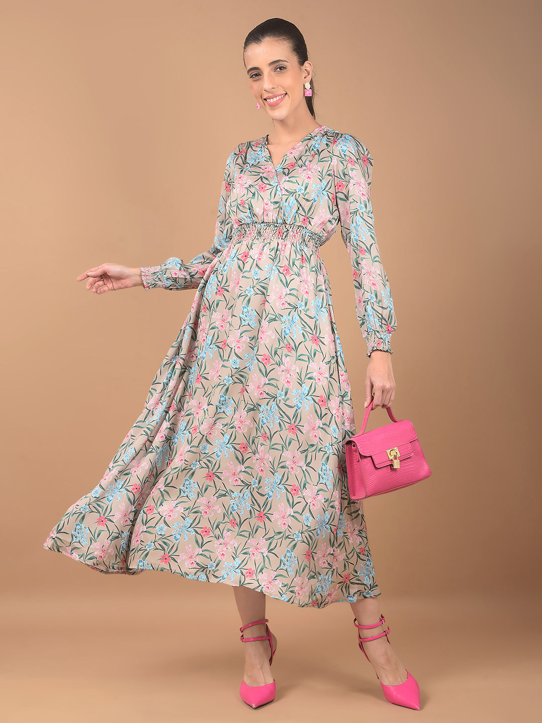 Beige Floral Print V-Neck Dress-Women Dresses-Crimsoune Club