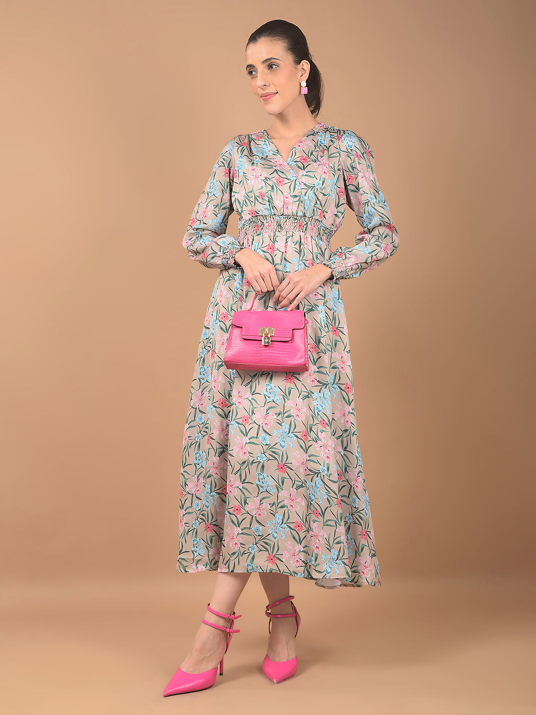 Beige Floral Print V-Neck Dress-Women Dresses-Crimsoune Club