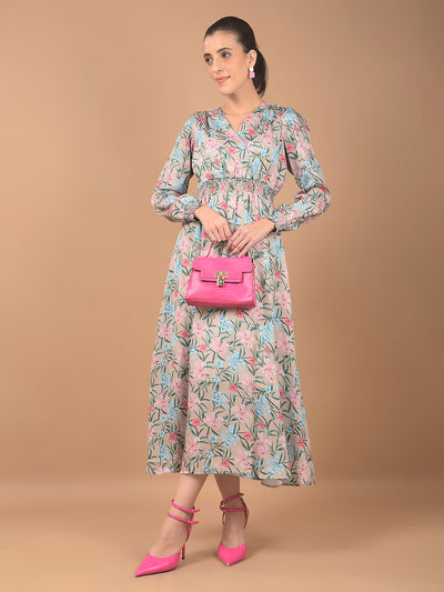 Beige Floral Print V-Neck Dress-Women Dresses-Crimsoune Club