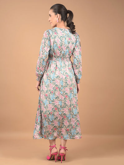 Beige Floral Print V-Neck Dress-Women Dresses-Crimsoune Club
