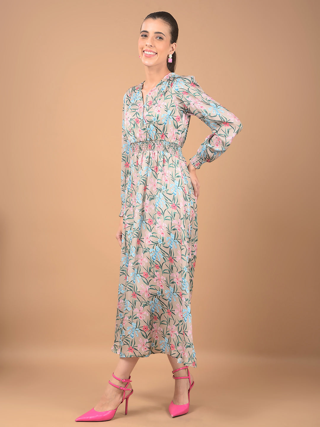 Beige Floral Print V-Neck Dress-Women Dresses-Crimsoune Club