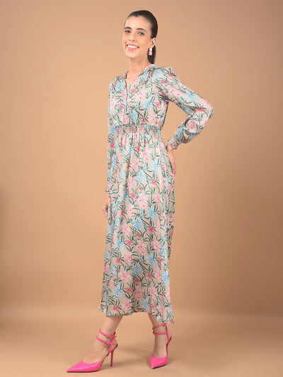 Beige Floral Print V-Neck Dress-Women Dresses-Crimsoune Club