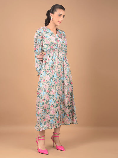 Beige Floral Print V-Neck Dress-Women Dresses-Crimsoune Club