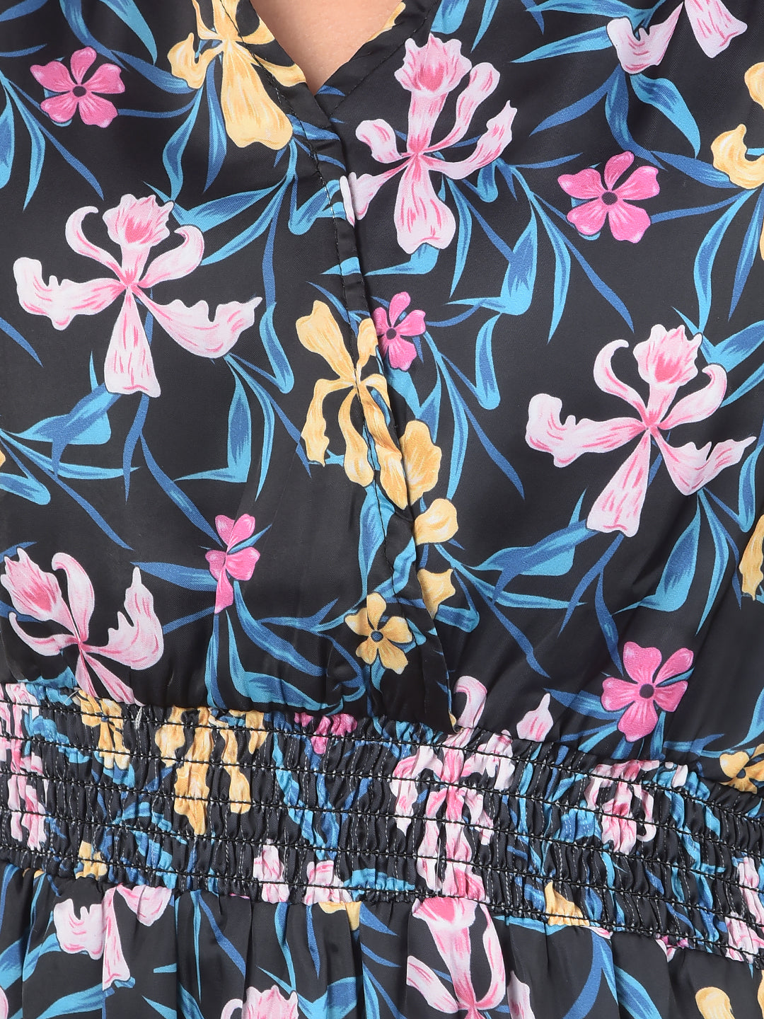 Black Floral Print V-Neck Dress-Women Dresses-Crimsoune Club