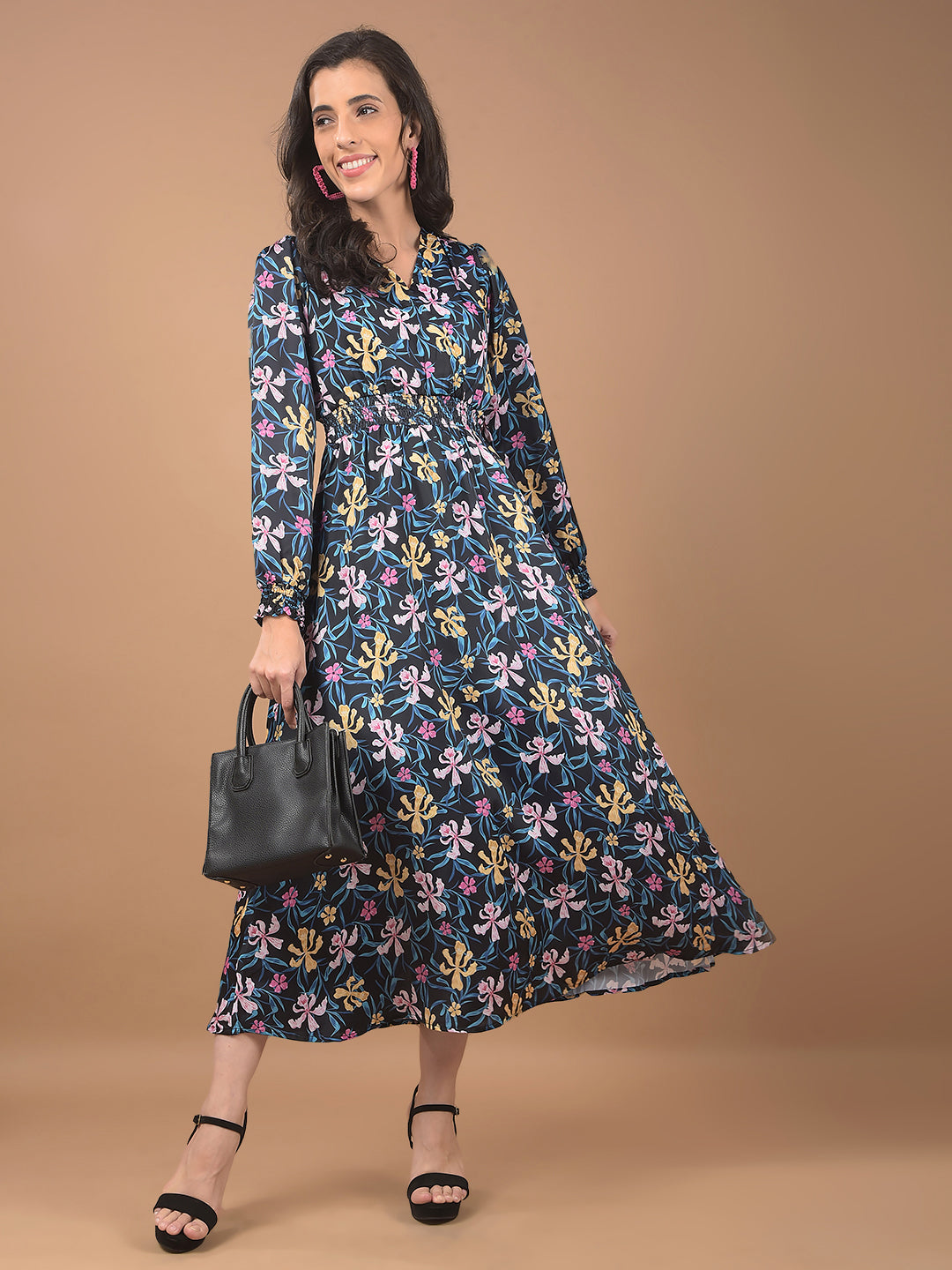 Black Floral Print V-Neck Dress-Women Dresses-Crimsoune Club