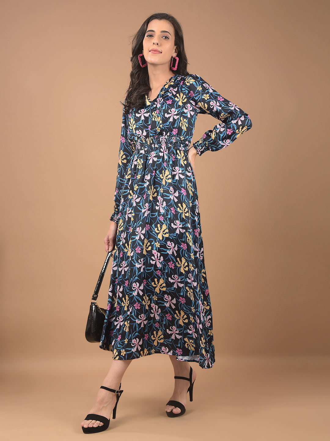 Black Floral Print V-Neck Dress-Women Dresses-Crimsoune Club