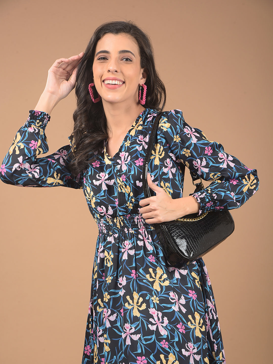 Black Floral Print V-Neck Dress-Women Dresses-Crimsoune Club