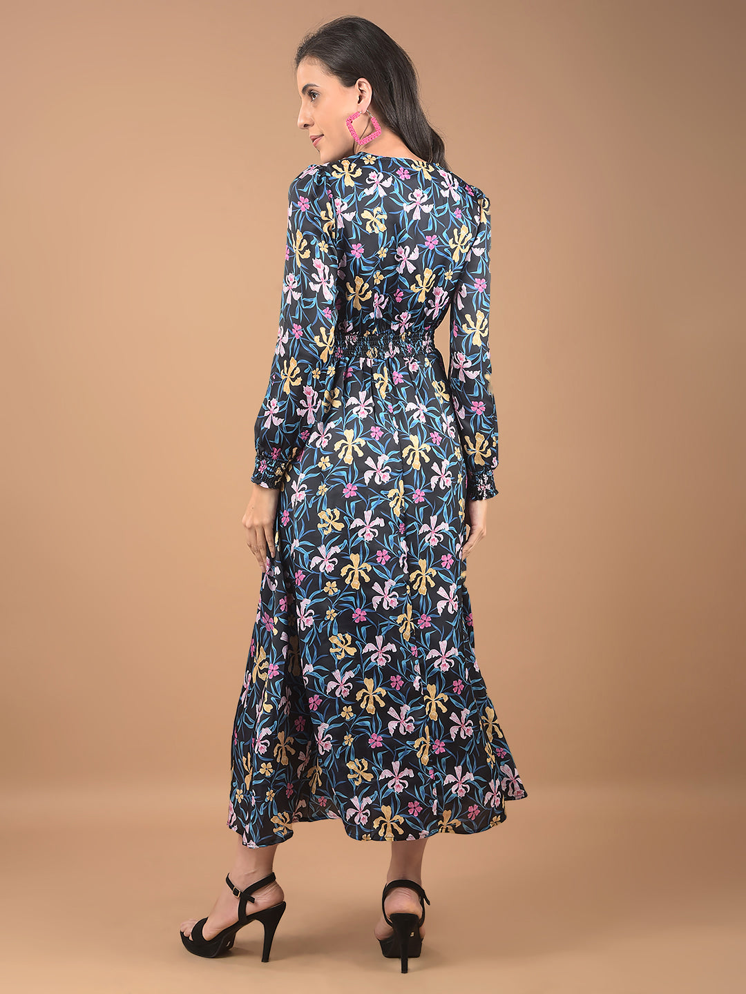 Black Floral Print V-Neck Dress-Women Dresses-Crimsoune Club