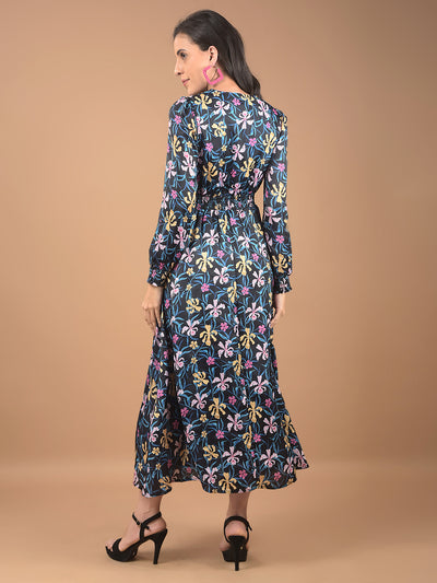 Black Floral Print V-Neck Dress-Women Dresses-Crimsoune Club