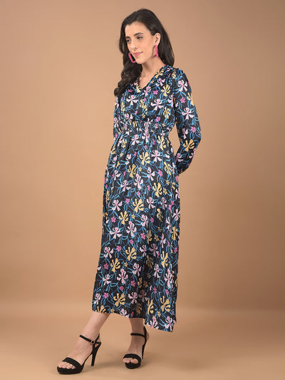 Black Floral Print V-Neck Dress-Women Dresses-Crimsoune Club
