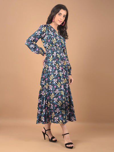 Black Floral Print V-Neck Dress-Women Dresses-Crimsoune Club