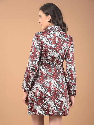 Maroon Abstract Print Notched Lapel Mini Dress-Women Dresses-Crimsoune Club