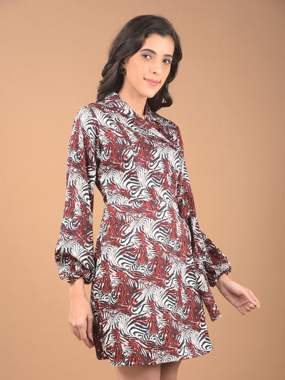 Maroon Abstract Print Notched Lapel Mini Dress-Women Dresses-Crimsoune Club