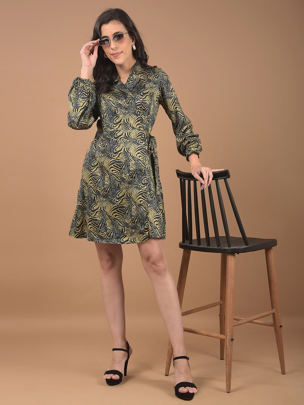 Olive Abstract Print Notched Lapel Mini Dress-Women Dresses-Crimsoune Club
