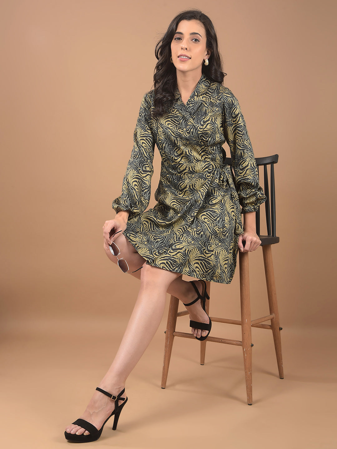 Olive Abstract Print Notched Lapel Mini Dress-Women Dresses-Crimsoune Club