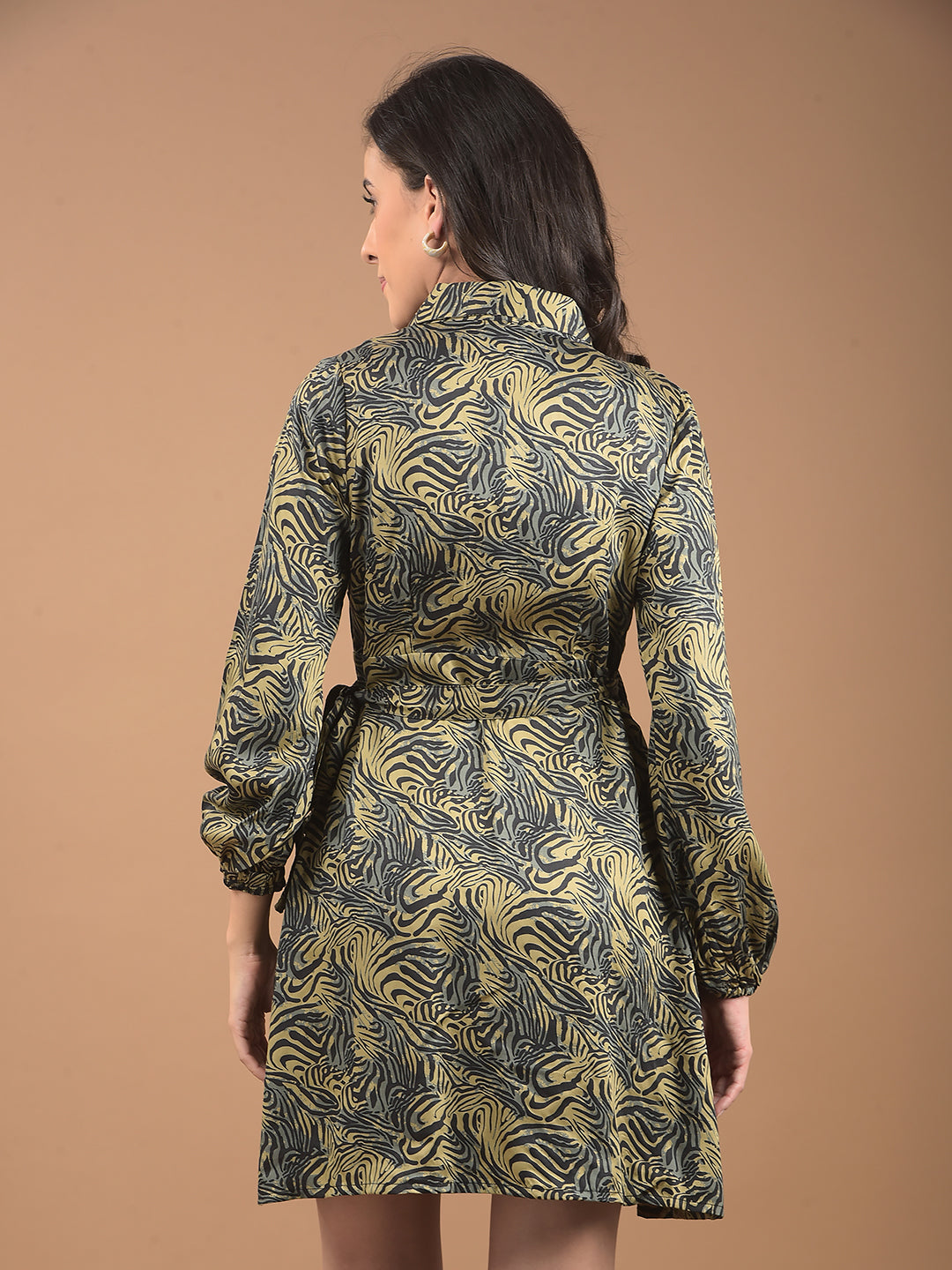 Olive Abstract Print Notched Lapel Mini Dress-Women Dresses-Crimsoune Club