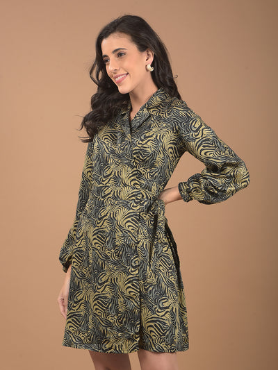 Olive Abstract Print Notched Lapel Mini Dress-Women Dresses-Crimsoune Club