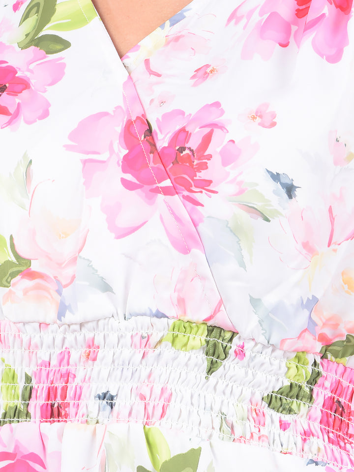 Pink Floral Print V-Neck Dress-Women Dresses-Crimsoune Club
