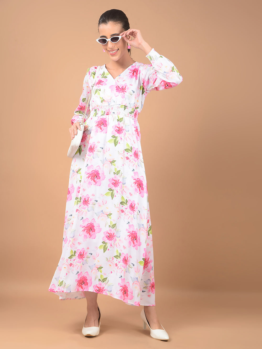 Pink Floral Print V-Neck Dress-Women Dresses-Crimsoune Club