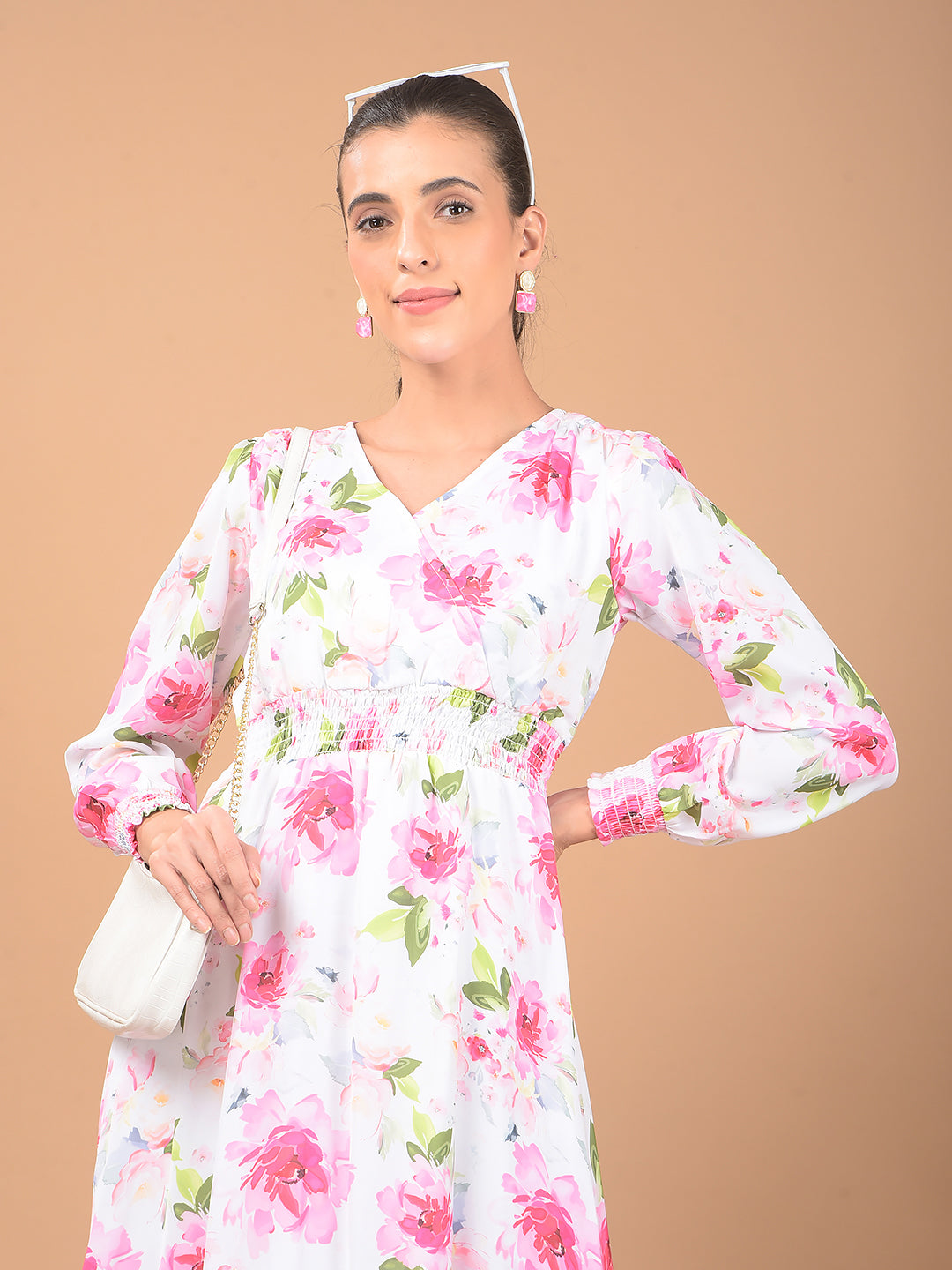 Pink Floral Print V-Neck Dress-Women Dresses-Crimsoune Club